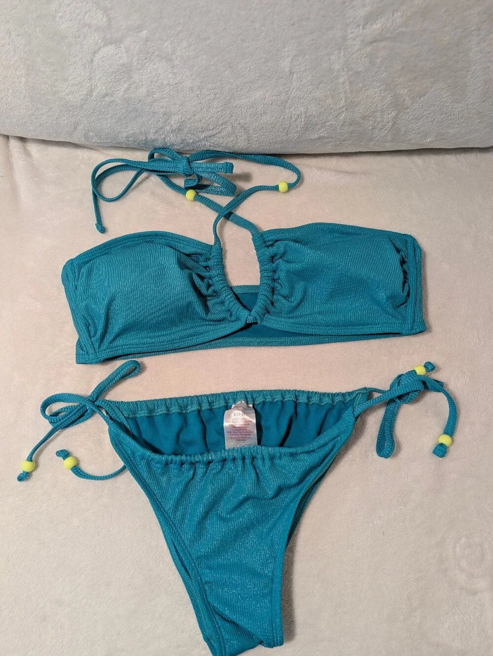 No Boundaries Teal Ribbed Tie Bikini Set S/L